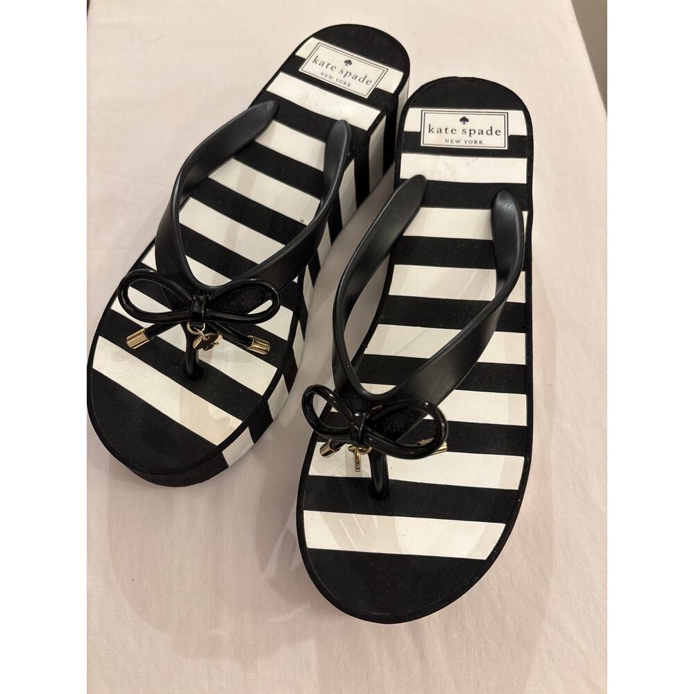 KATE SPADE Rhett Platform Wedge Black White Stripe Sz 8
